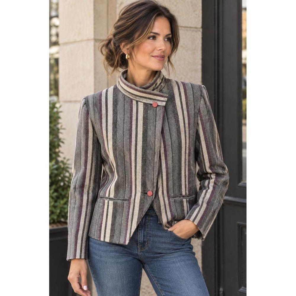 Vintage Striped Asymmetrical Wrap Blazer Grey Purple 80s Crossover Collar Jacket